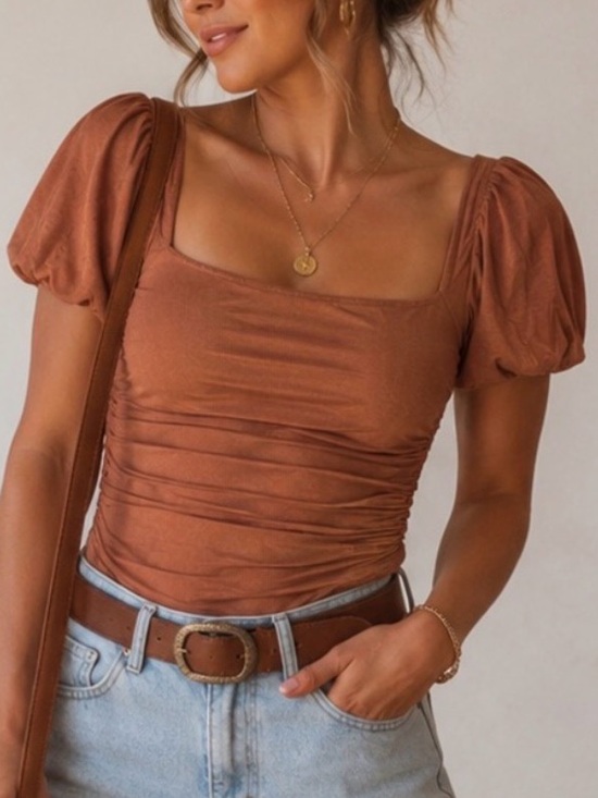 PINKM STYLE Tops - PINKM STYLE - NWOT Brown Ruched Mesh Bodysuit | Women’s Size Medium